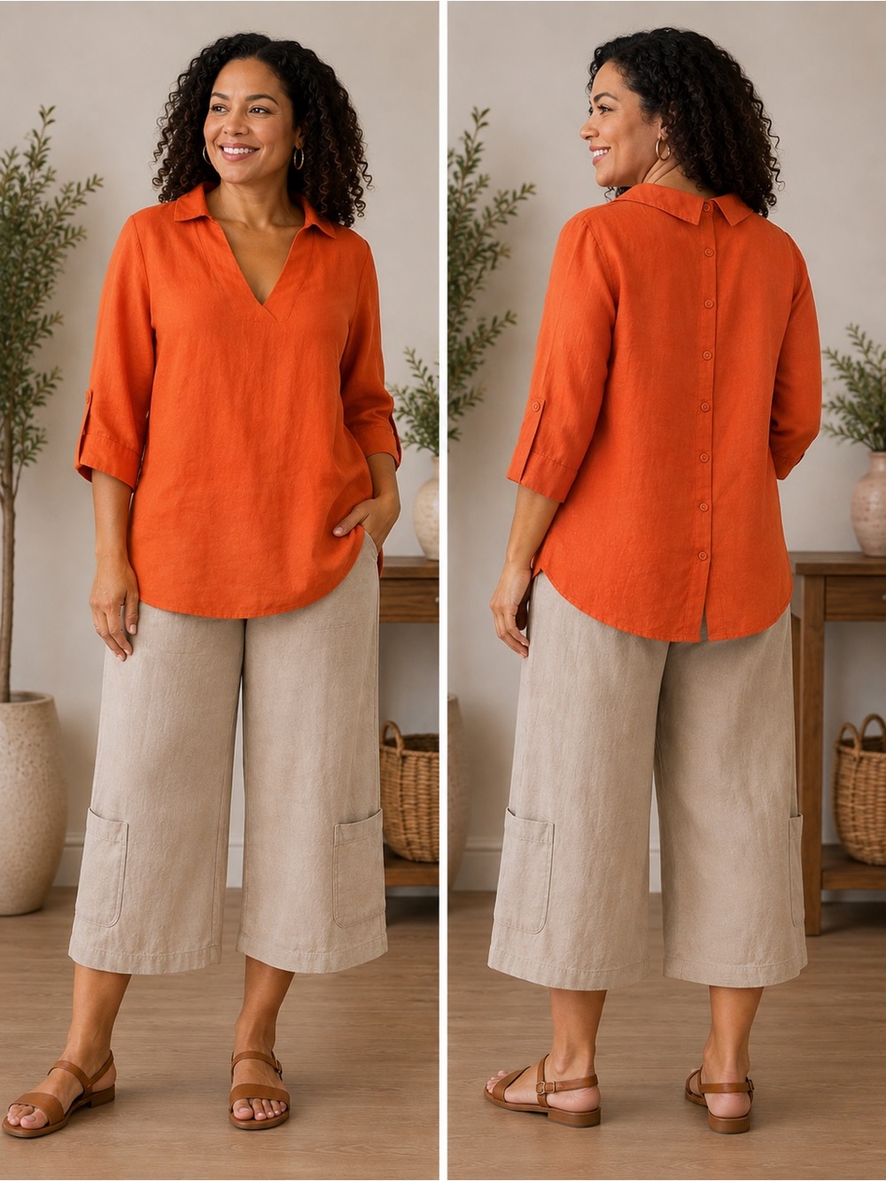 SOFT SURROUNDINGS Morgana LINEN Tunic Orange Collared Back Button RollTab XL